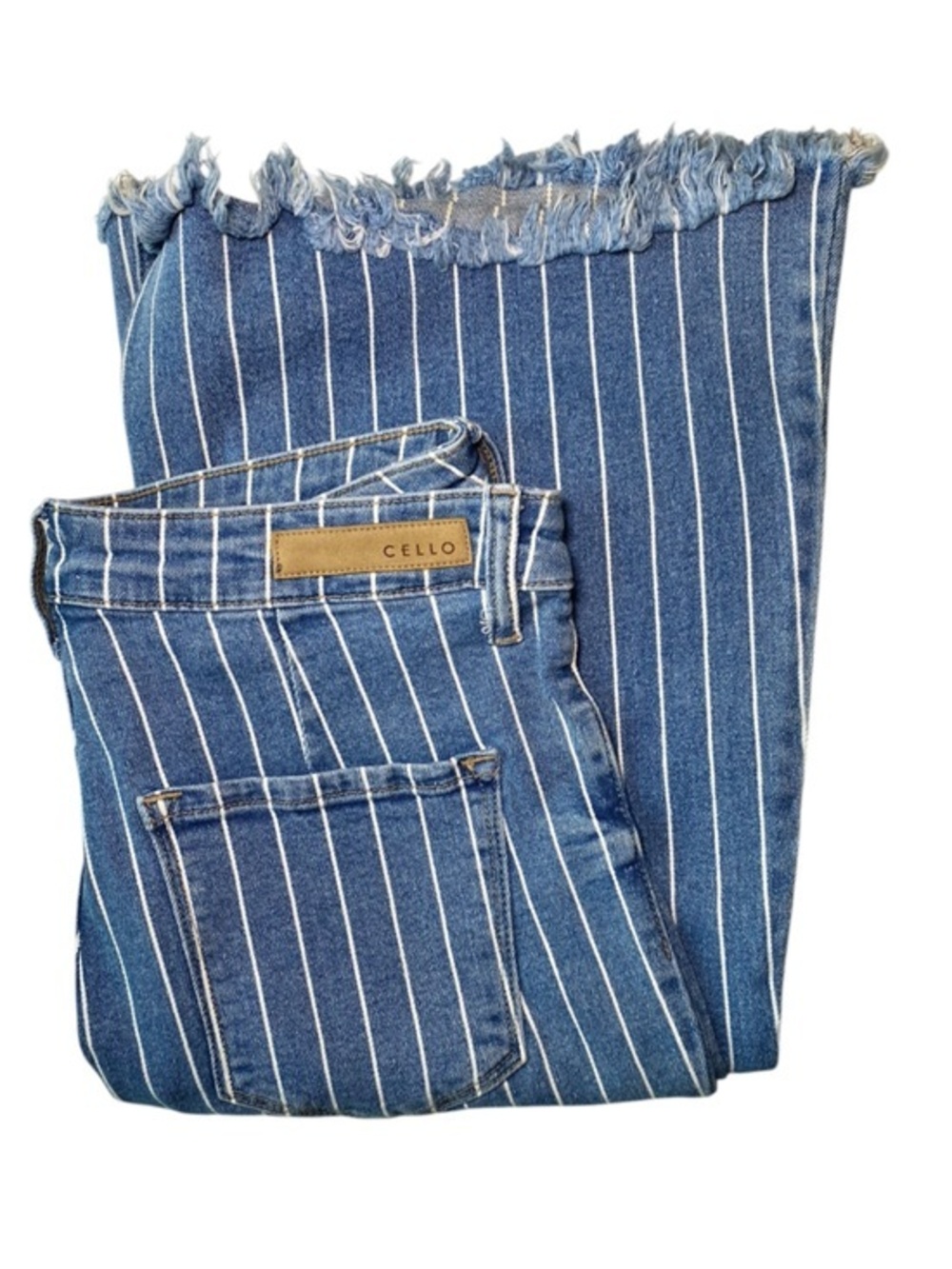 Cello Los Angeles Blue & White Striped Flare Jeans - Raw Hem